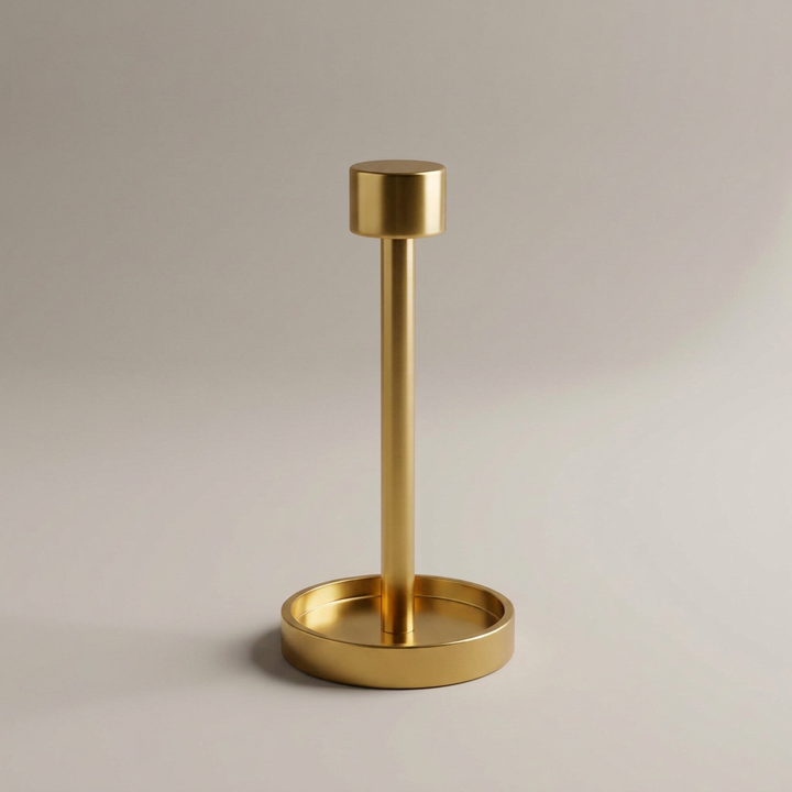 Gold napkin stand with matching warm-gray background
