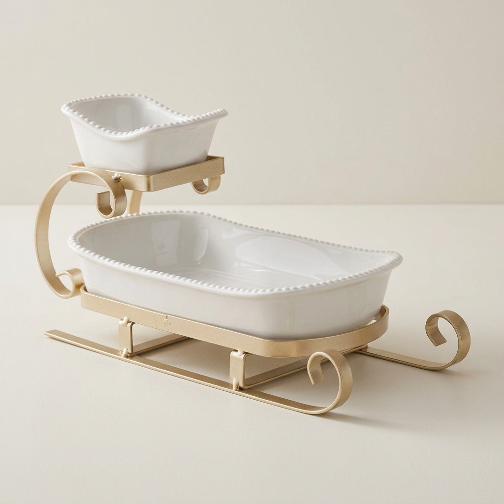 Gold sleigh two-tier server on a soft ivory background
