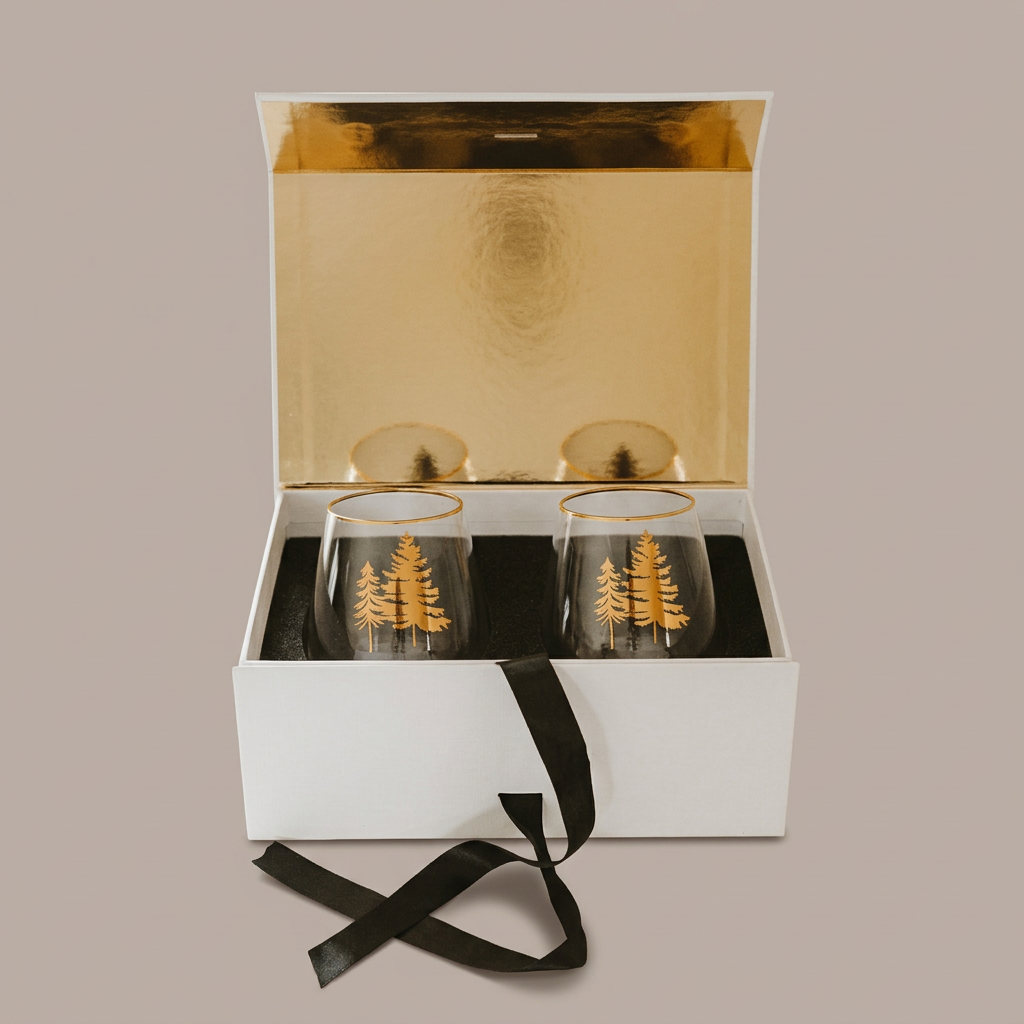 Gold-tree wine glasses in their gift box on a plain warm-gray background