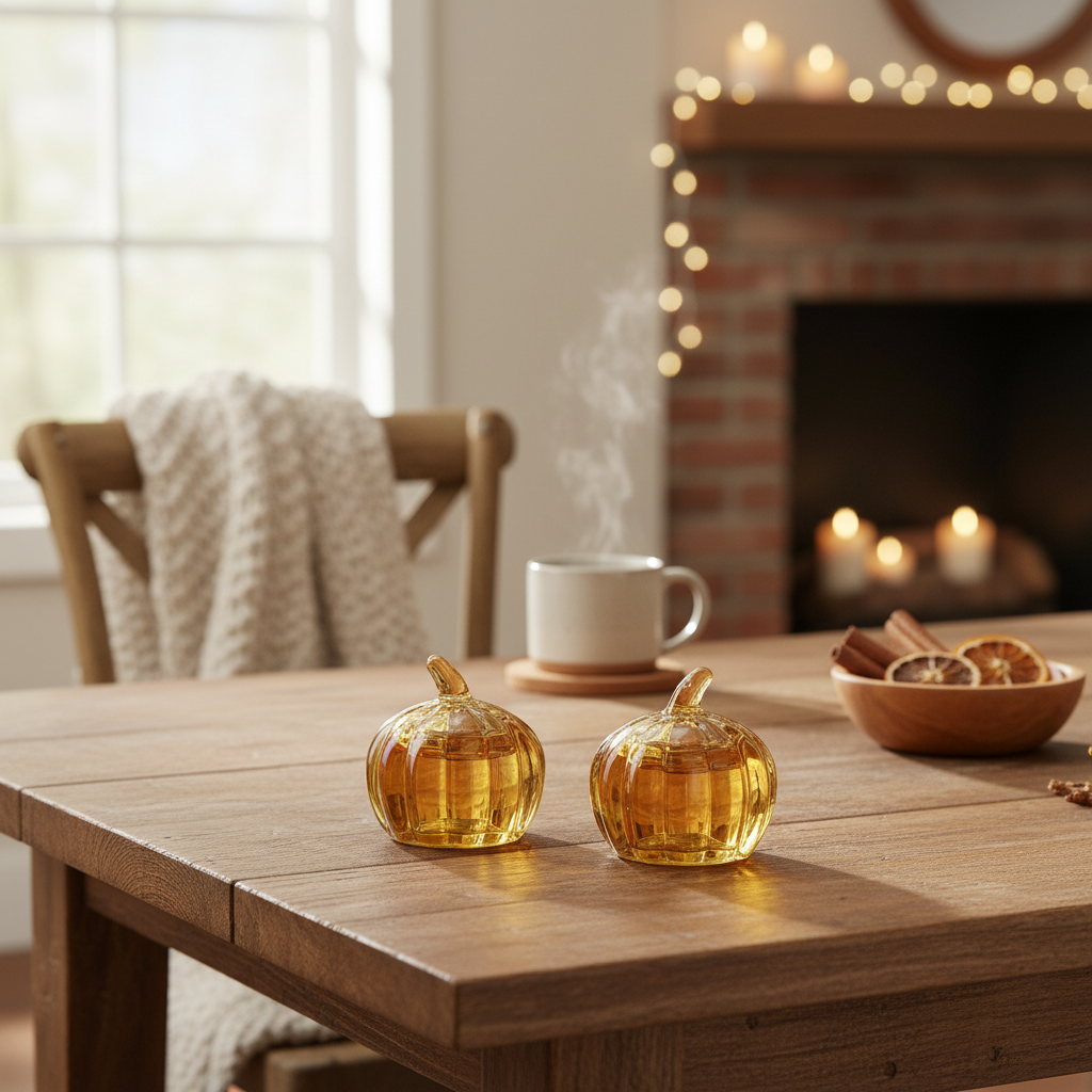Harvest Amber Pumpkin Salt & Pepper Shaker Set with cozy home backdrop