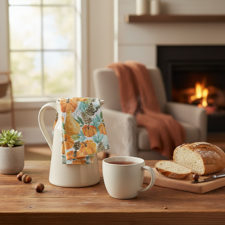 Harvest Cotton Tea Towels with warm home backdrop