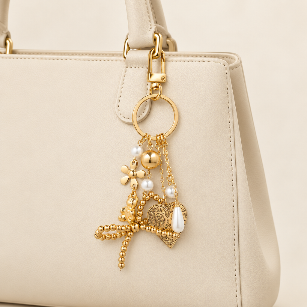 Heart and pearl bag charm styled on a cream leather handbag