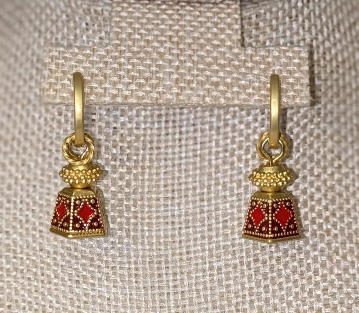 Isabel 18K Gold Bohemian Bell Tower Earrings, red enamel beadwork pair