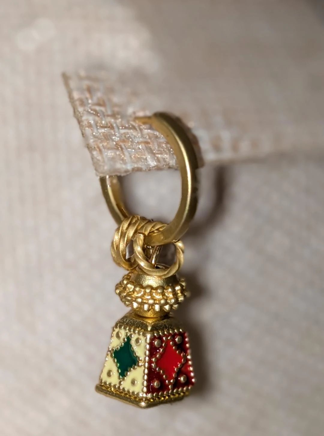 Isabel 18K Gold Bohemian Bell Tower Earring with gold hoop and red/green enameled bell charm, Flânerie by MAIQ.