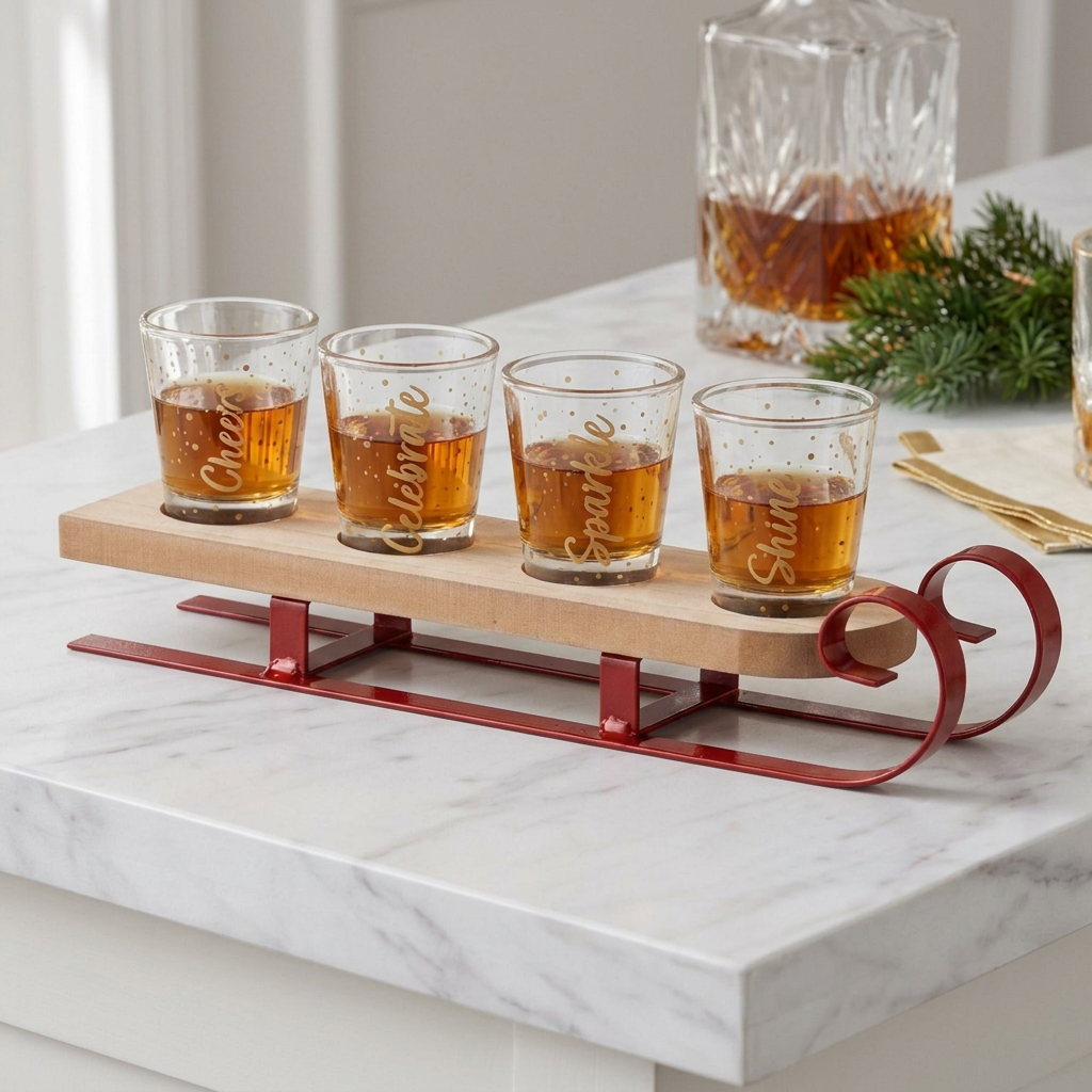 Holiday sleigh shot glass set on a light marble tabletop