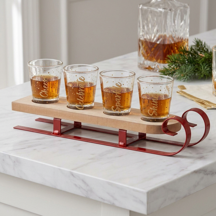 Holiday sleigh shot glass set on a light marble tabletop