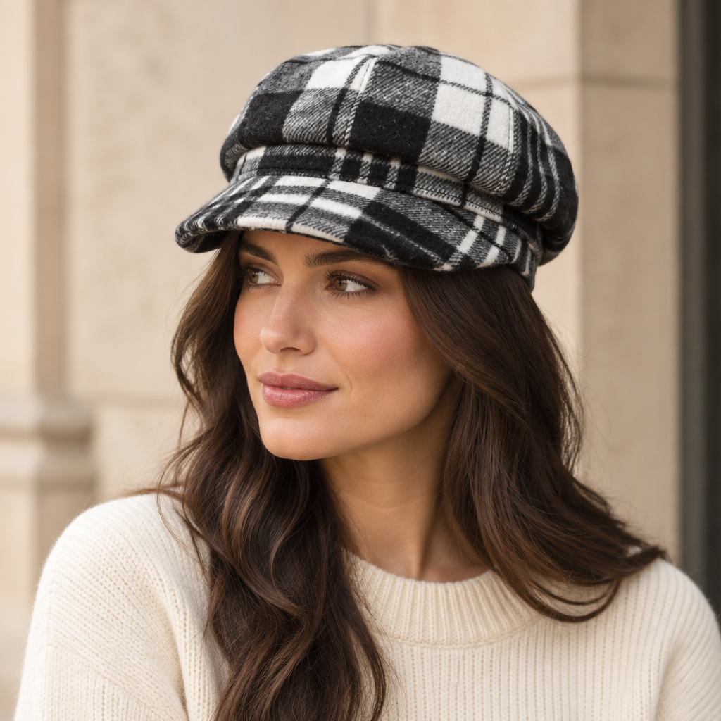 Woman wearing a black, gray and white tartan plaid newsboy cap with a cream sweater