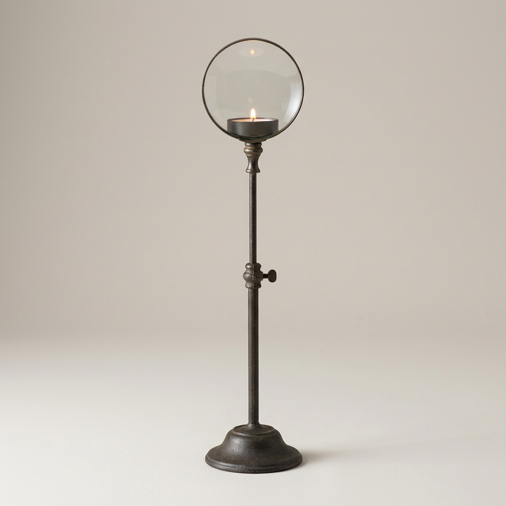 Iron candle holder on a clean warm-gray background