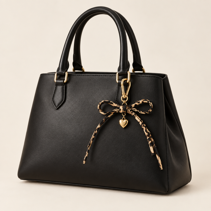 Leopard bow charm styled on a black leather handbag