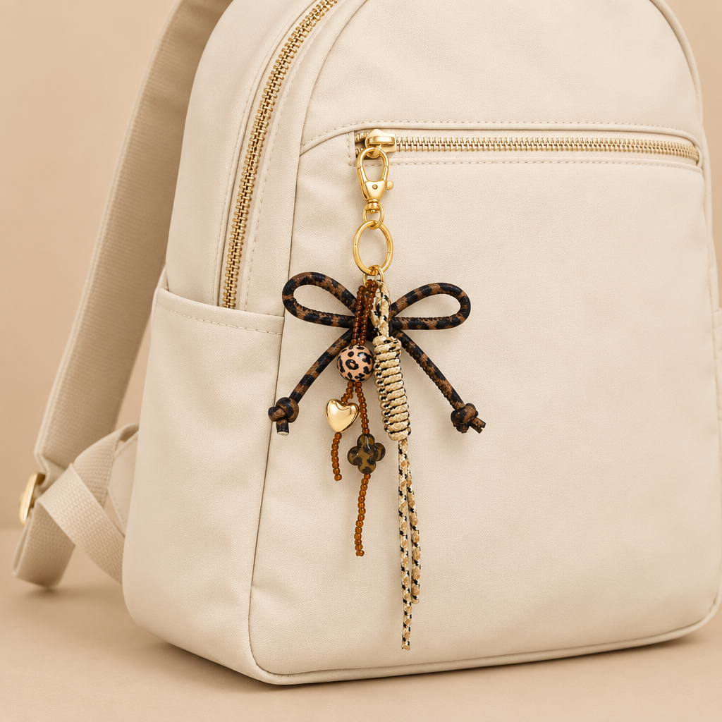 Leopard rope knot bag charm attached to a plain cream backpack