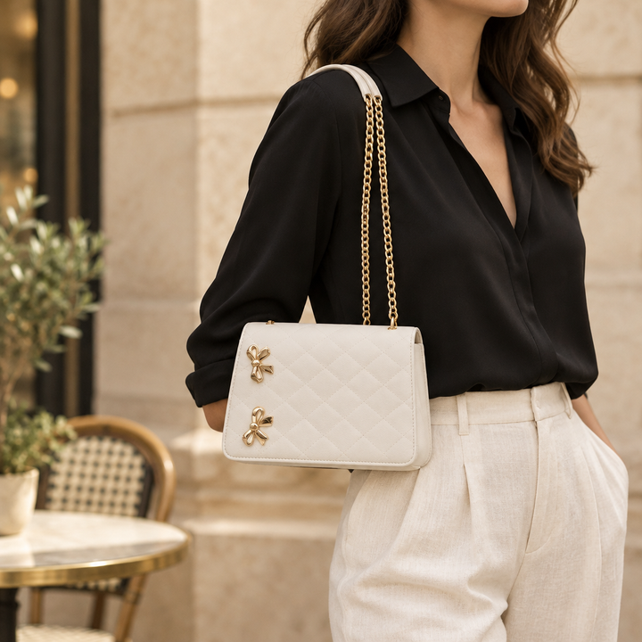 Lifestyle photo of the cream bag with gold bow details
