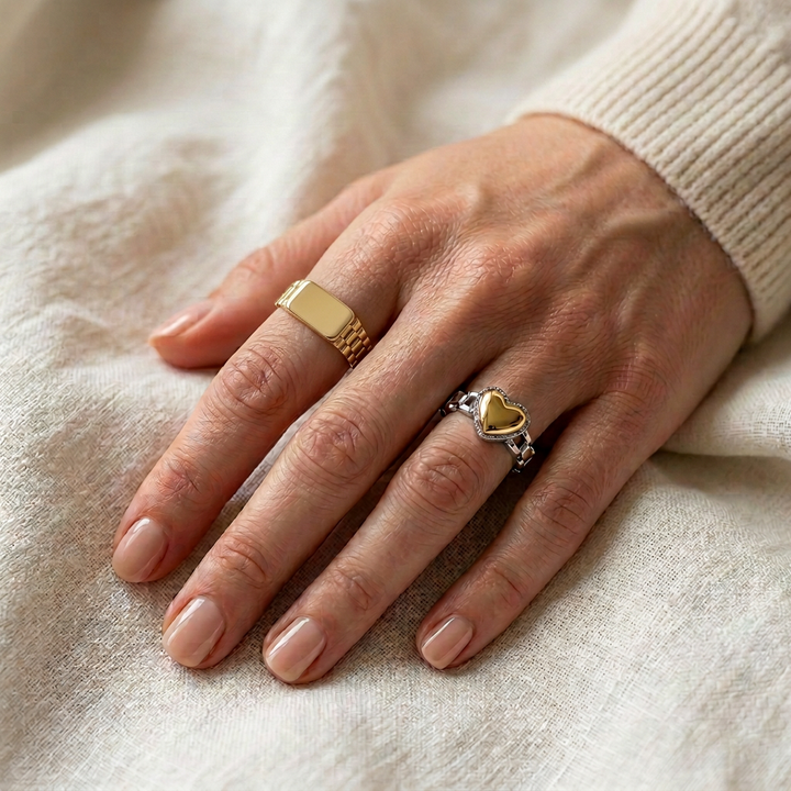 Lifestyle photo with flat gold rectangular ring