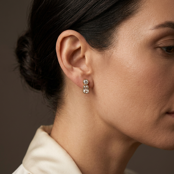 Luxurious editorial lifestyle photo of the gold CZ stud