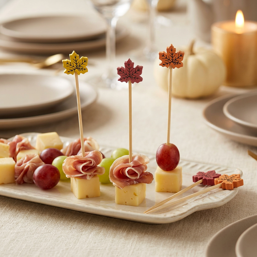 Maple leaf party picks in holiday appetizers with warm table styling