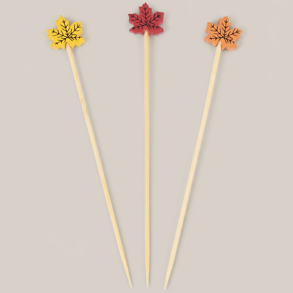 Maple leaf party picks on a plain warm-gray background