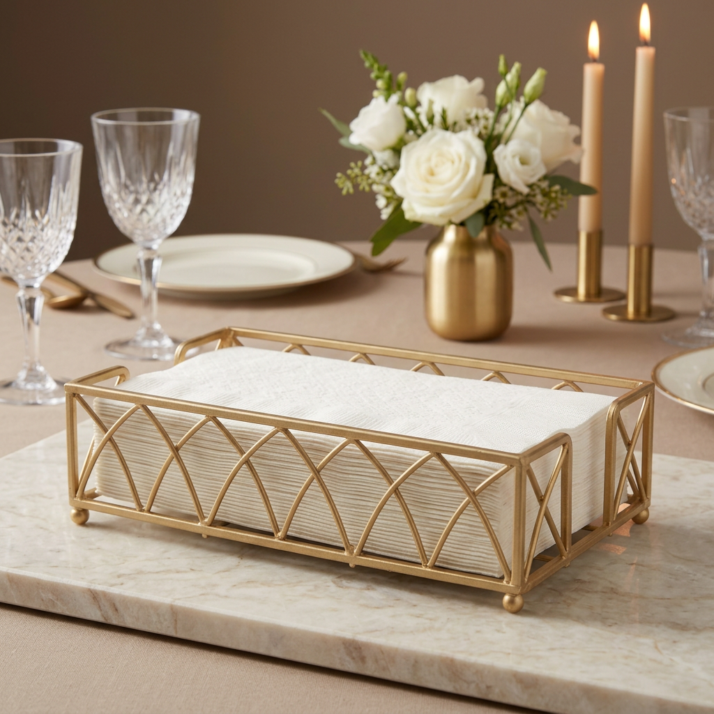 Matte gold guest napkin caddy in a luxe marble setting with crystal glassware and candlelight
