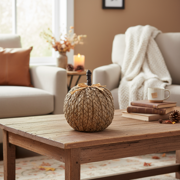 Natural Woven Pumpkin with cozy home backdrop