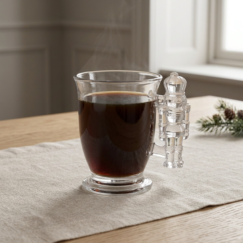 Nutcracker crystal mug filled with coffee in a softly styled table setting
