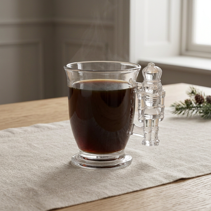 Nutcracker crystal mug filled with coffee in a softly styled table setting