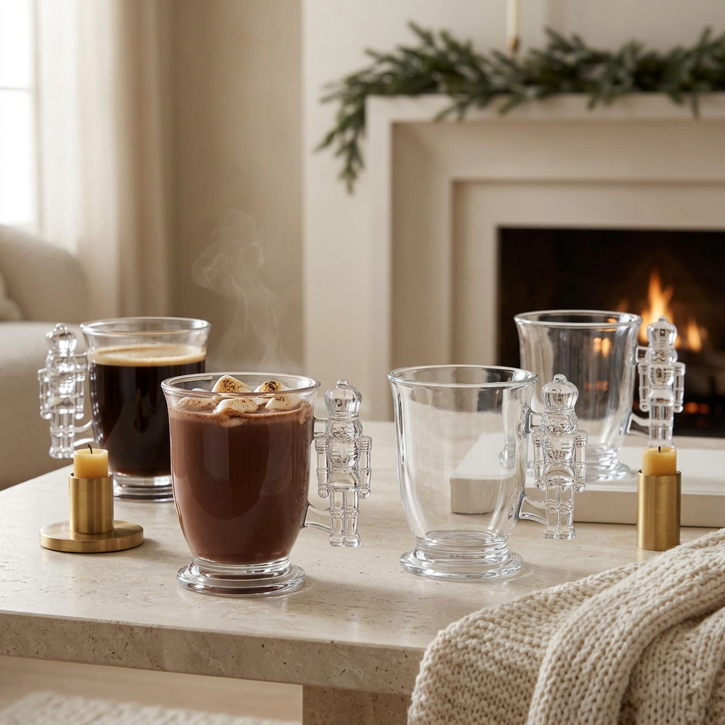 Nutcracker mugs in a cozy fireside setting