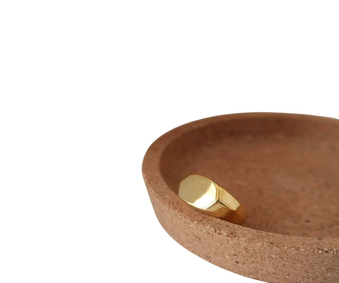 Shiny 18K gold hexagon signet ring with a flat top resting in a shallow terracotta dish.