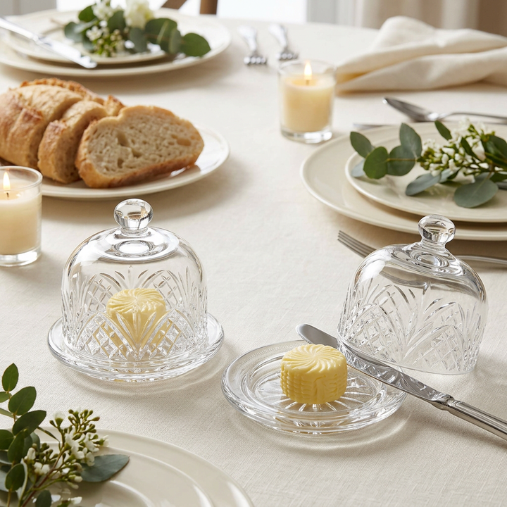 Pair of crystal butter dishes styled with butter, ivory linen and candlelight for luxe entertaining
