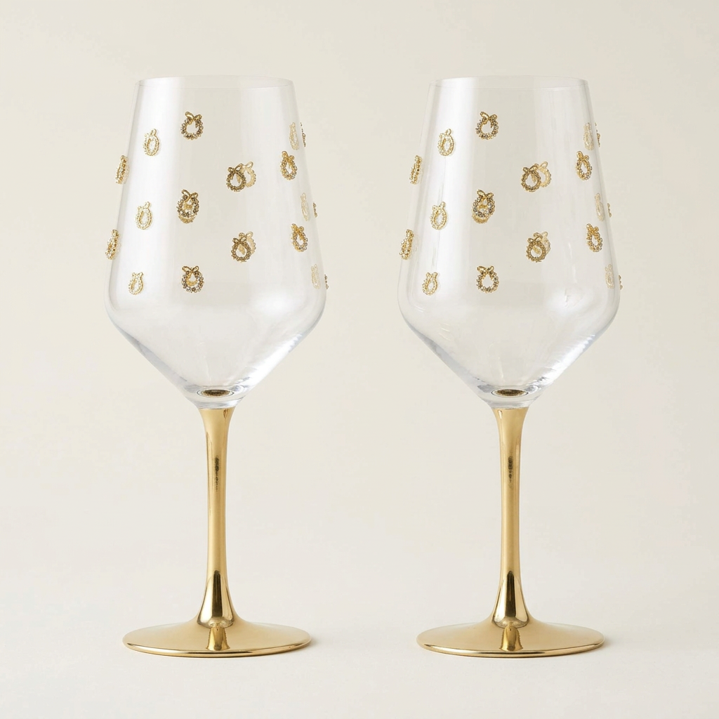 Pair of empty gold wreath wine glasses on a plain ivory background