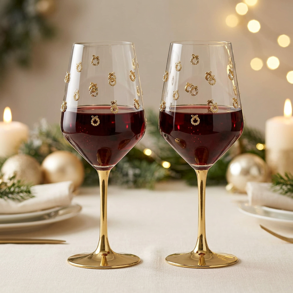 Pair of gold wreath wine glasses in a warm, luxe holiday setting