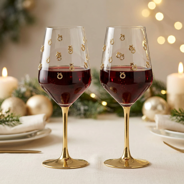 Pair of gold wreath wine glasses in a warm, luxe holiday setting