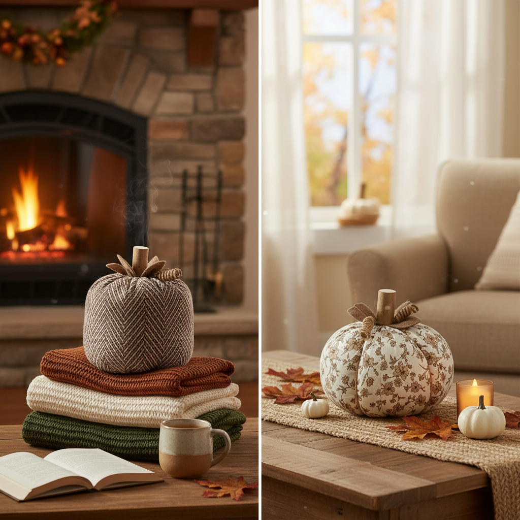 Plush pumpkins with warm cozy backdrop