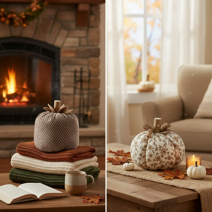 Plush pumpkins with warm cozy backdrop