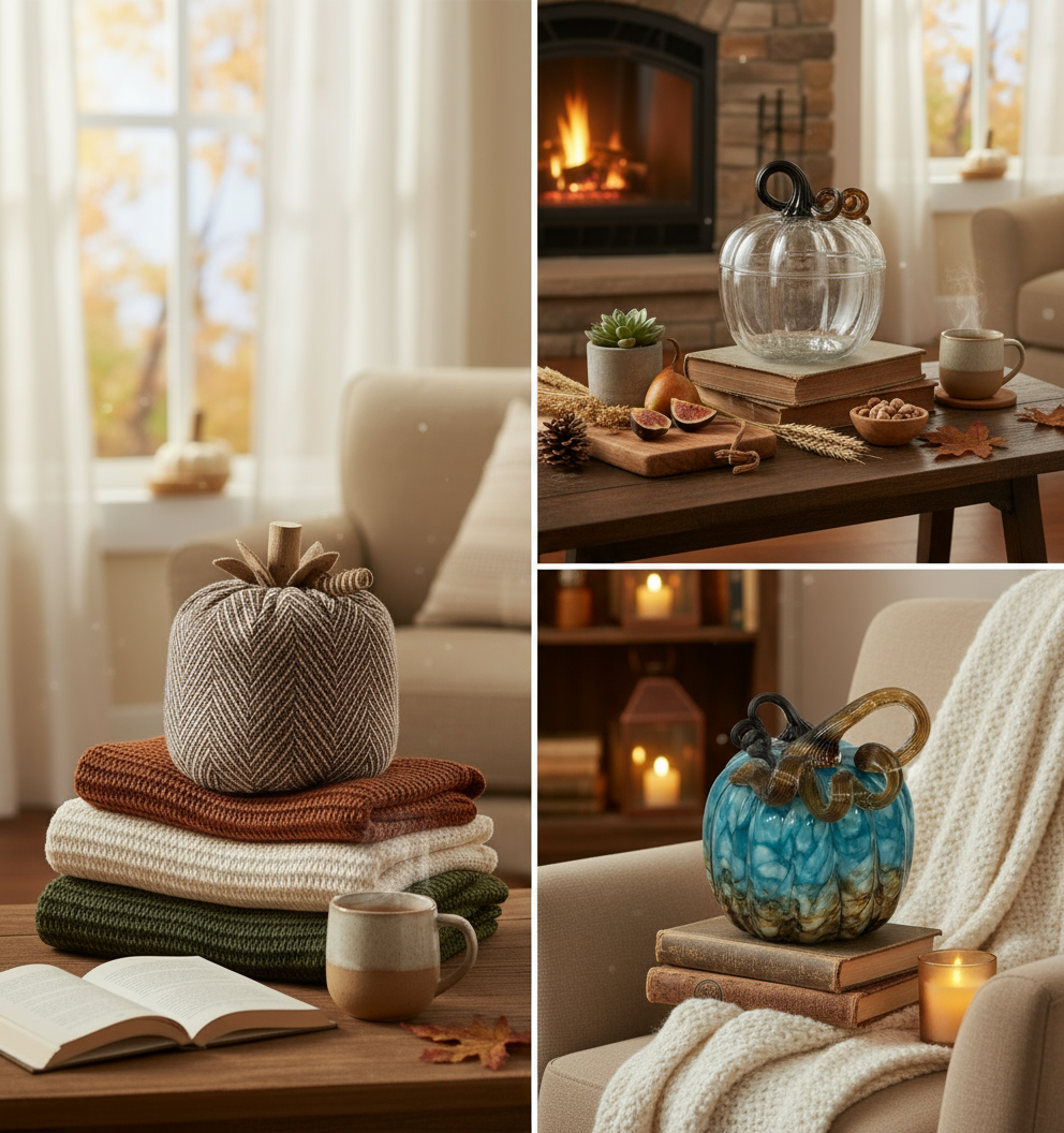Pumpkin products with cozy home backdrop