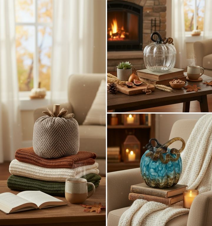 Pumpkin products with cozy home backdrop
