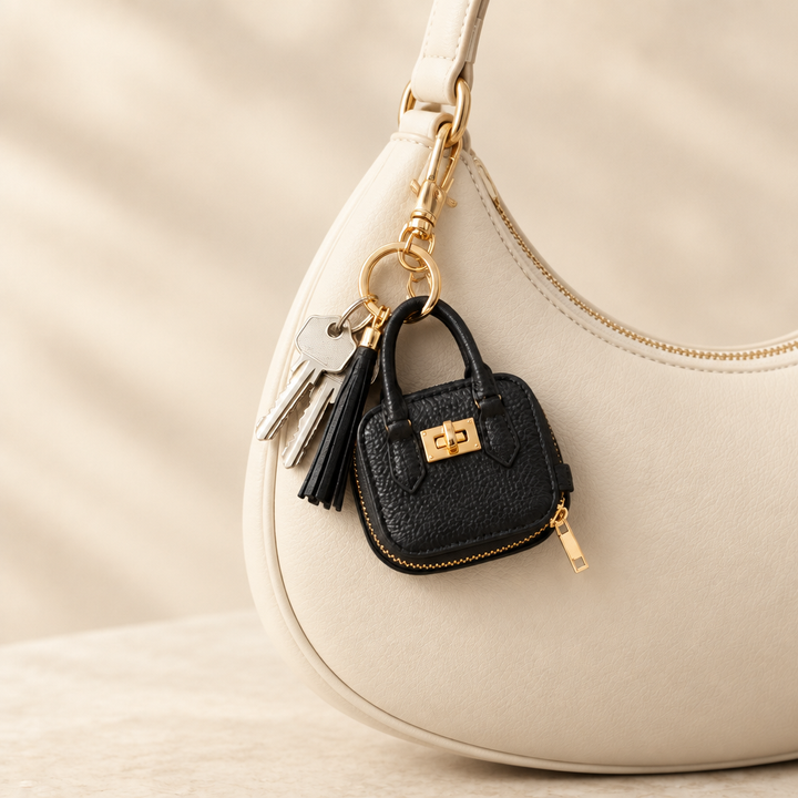 Purse charm styled on an ivory shoulder purse