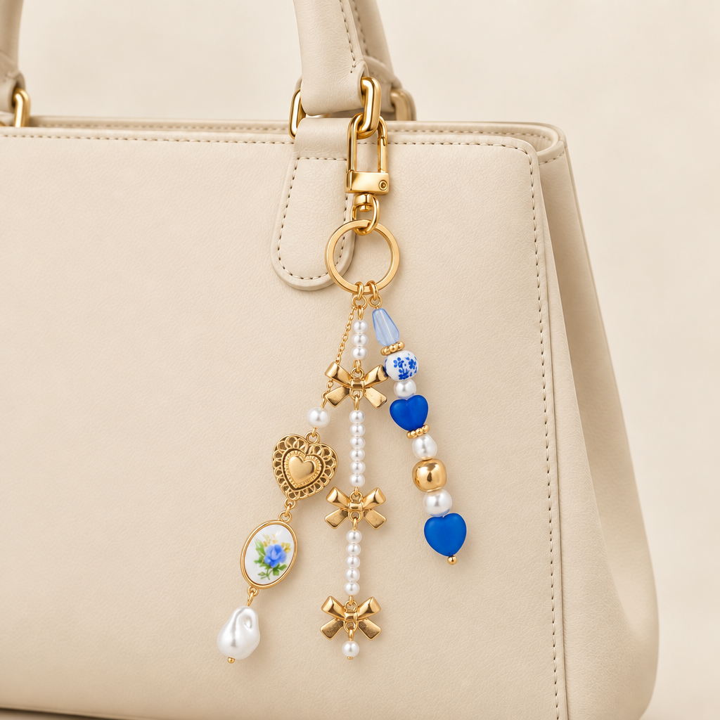 Romantic Ceramic and Bow Charm on the same cream leather handbag