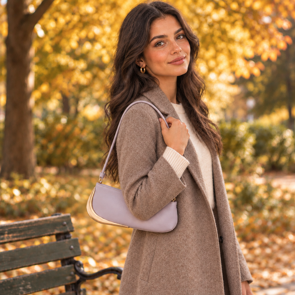Sade Lilac shoulder bag in a fall lifestyle photo