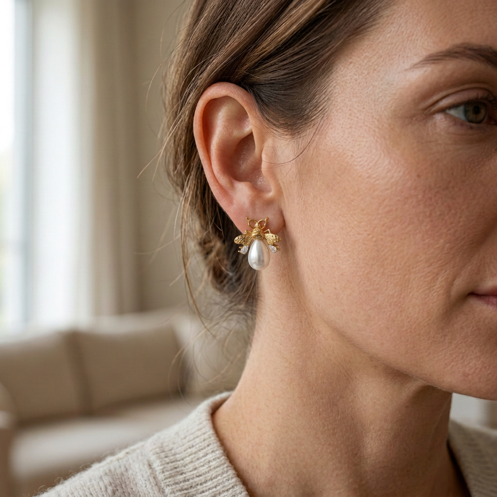 Smaller pearl bee earring lifestyle preview