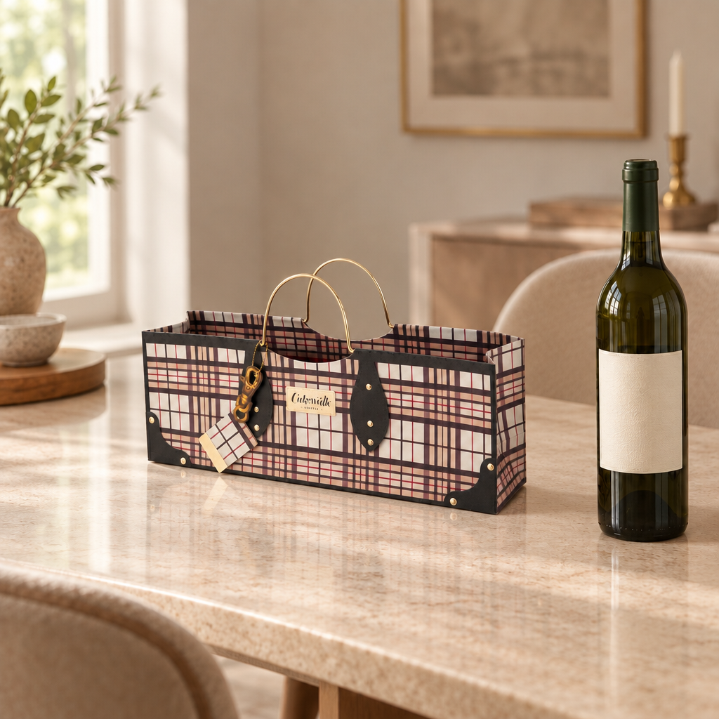 Smaller plaid wine bag beside a wine bottle