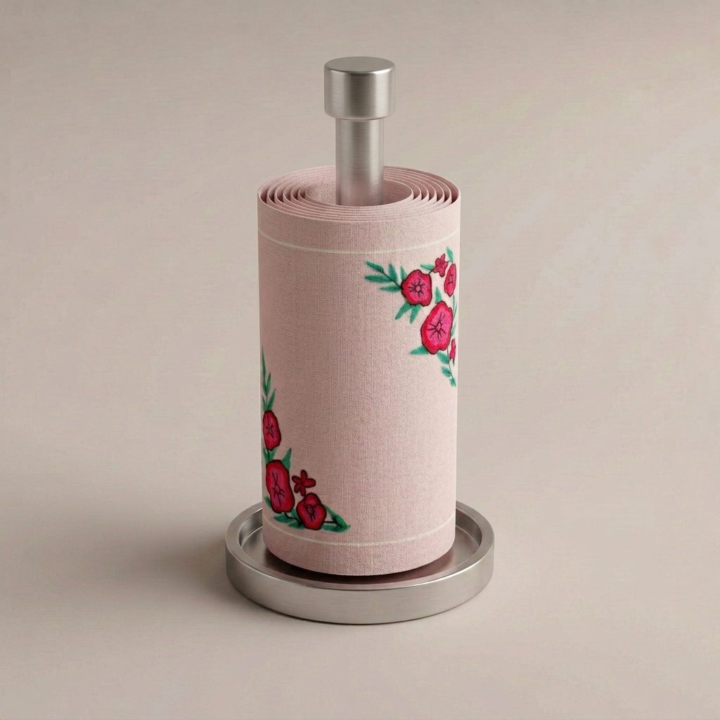 Spring Fling napkin roll with a taller silver stand on a warm greige background