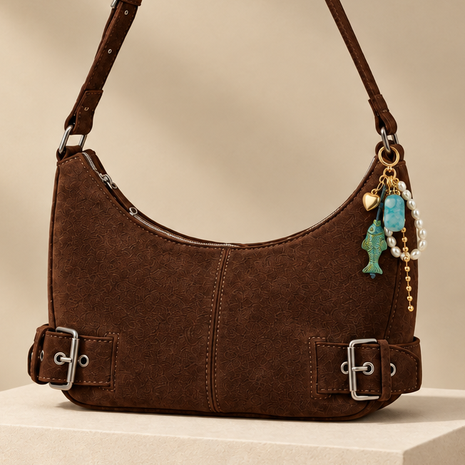 Suede bag with fish and pearl charm