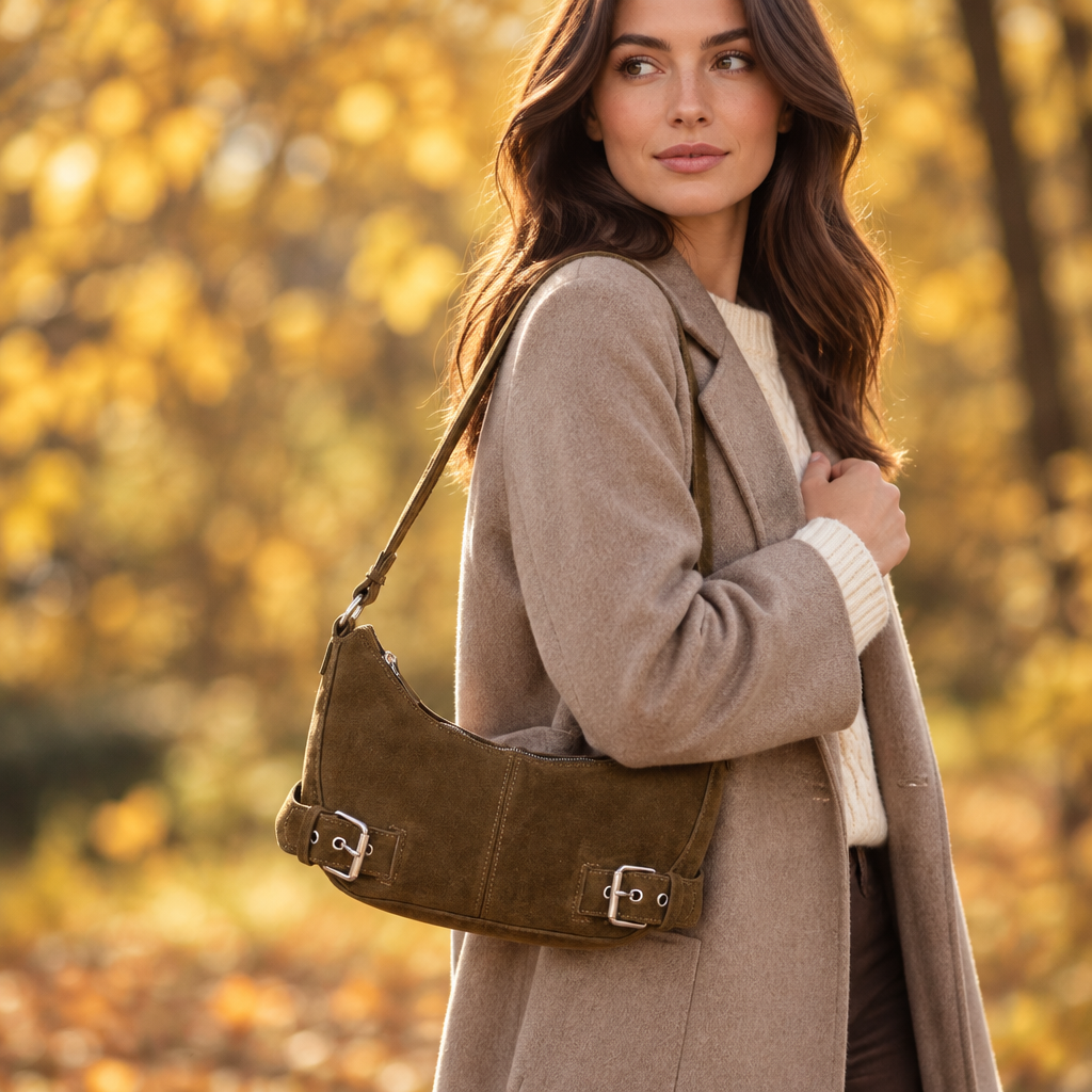 Suede Double Belt Buckle bag in a fall lifestyle setting