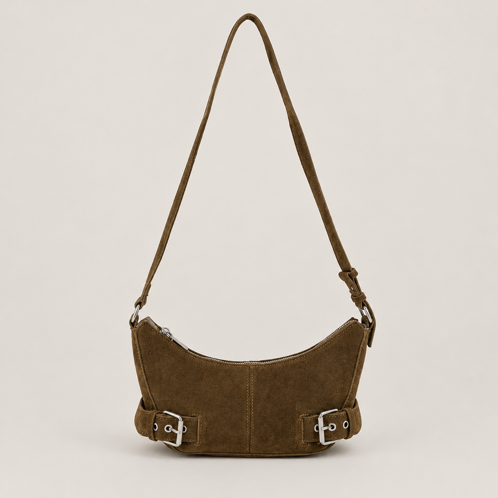 Suede Double Belt Buckle Shoulder Bag with warm-gray background