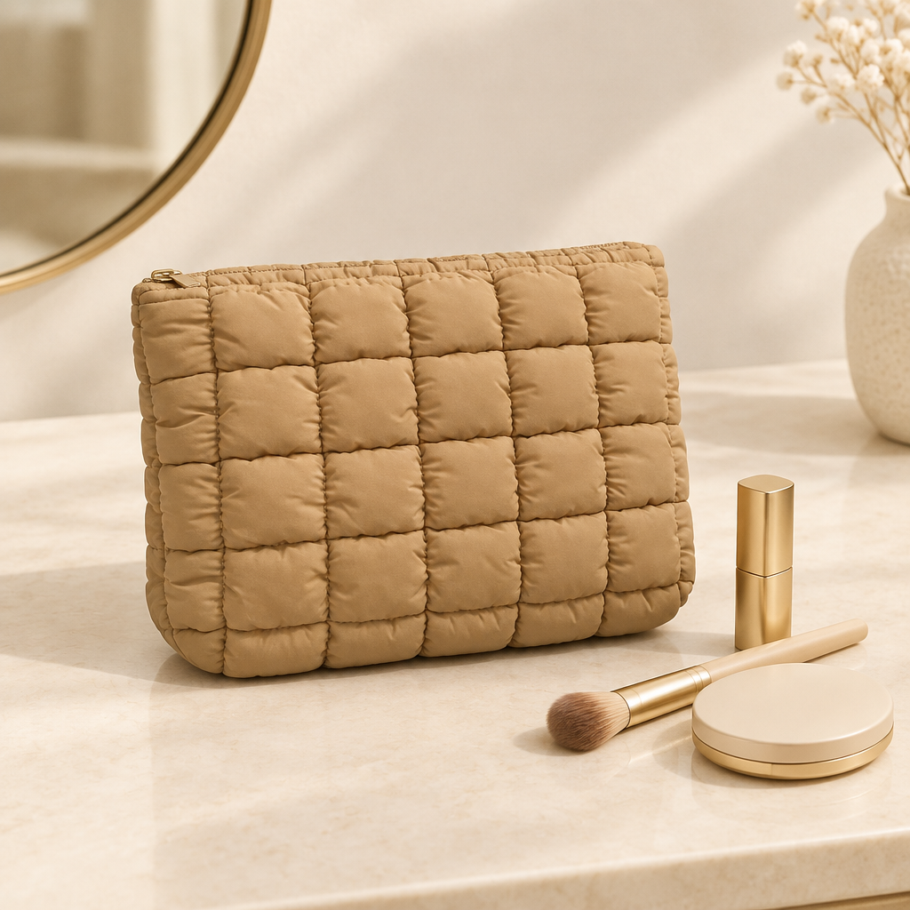 Tan quilted pouch styled with elegant cosmetics
