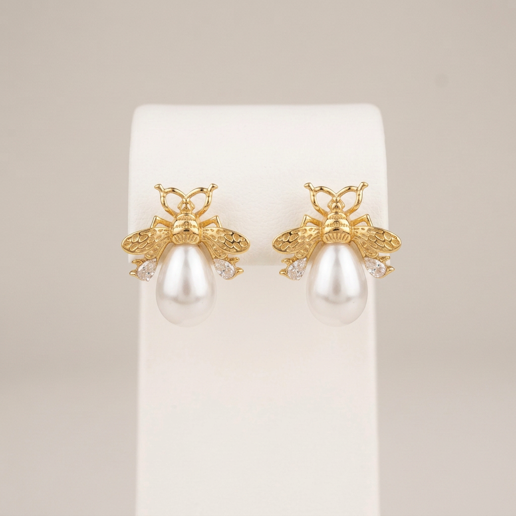 Three-quarter-inch pearl bee earrings on a white stand