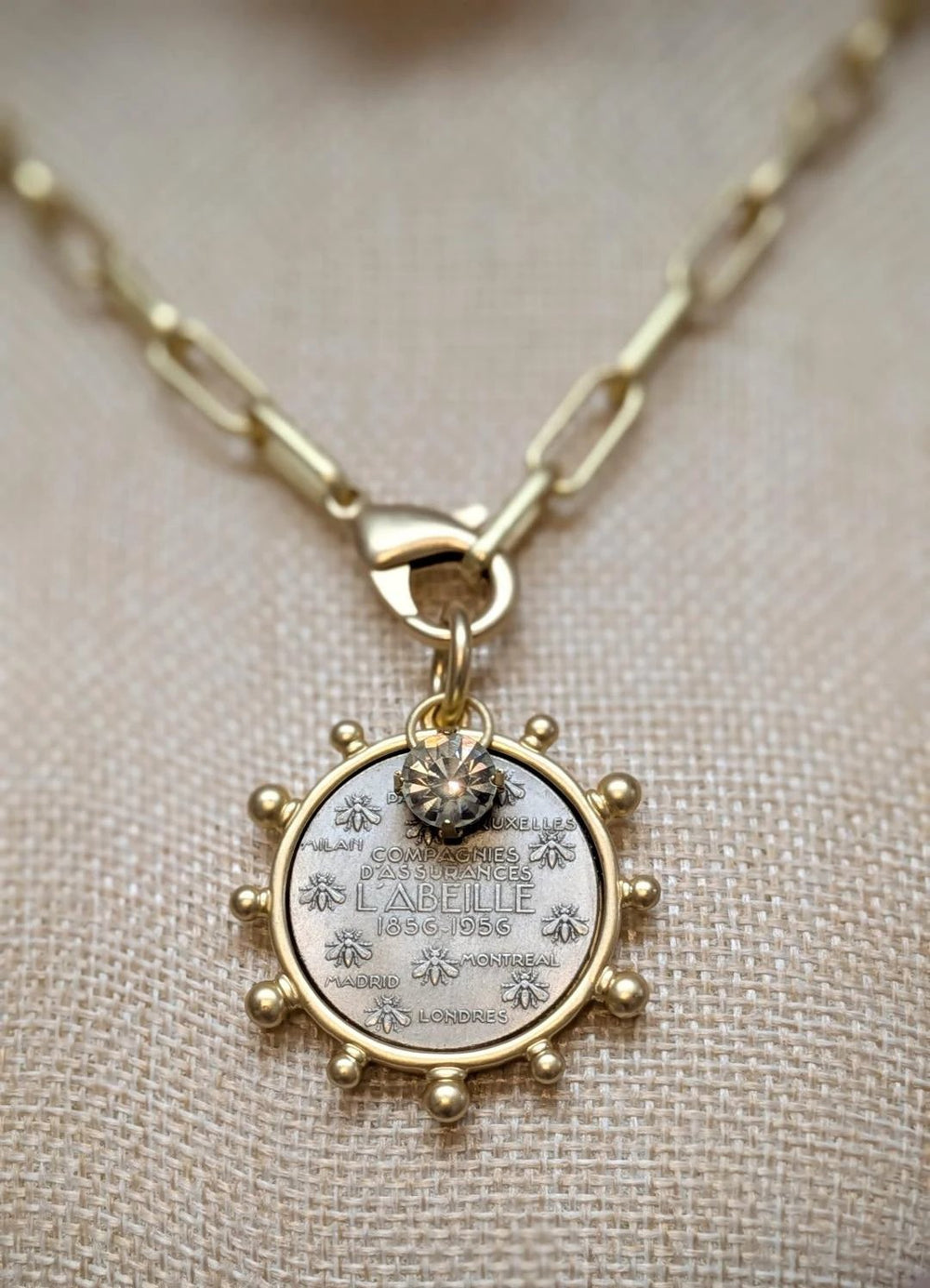 Matte Gold French Bee Coin Medallion Boutique Jewelry VB&CO Designs Handmade Jewelry