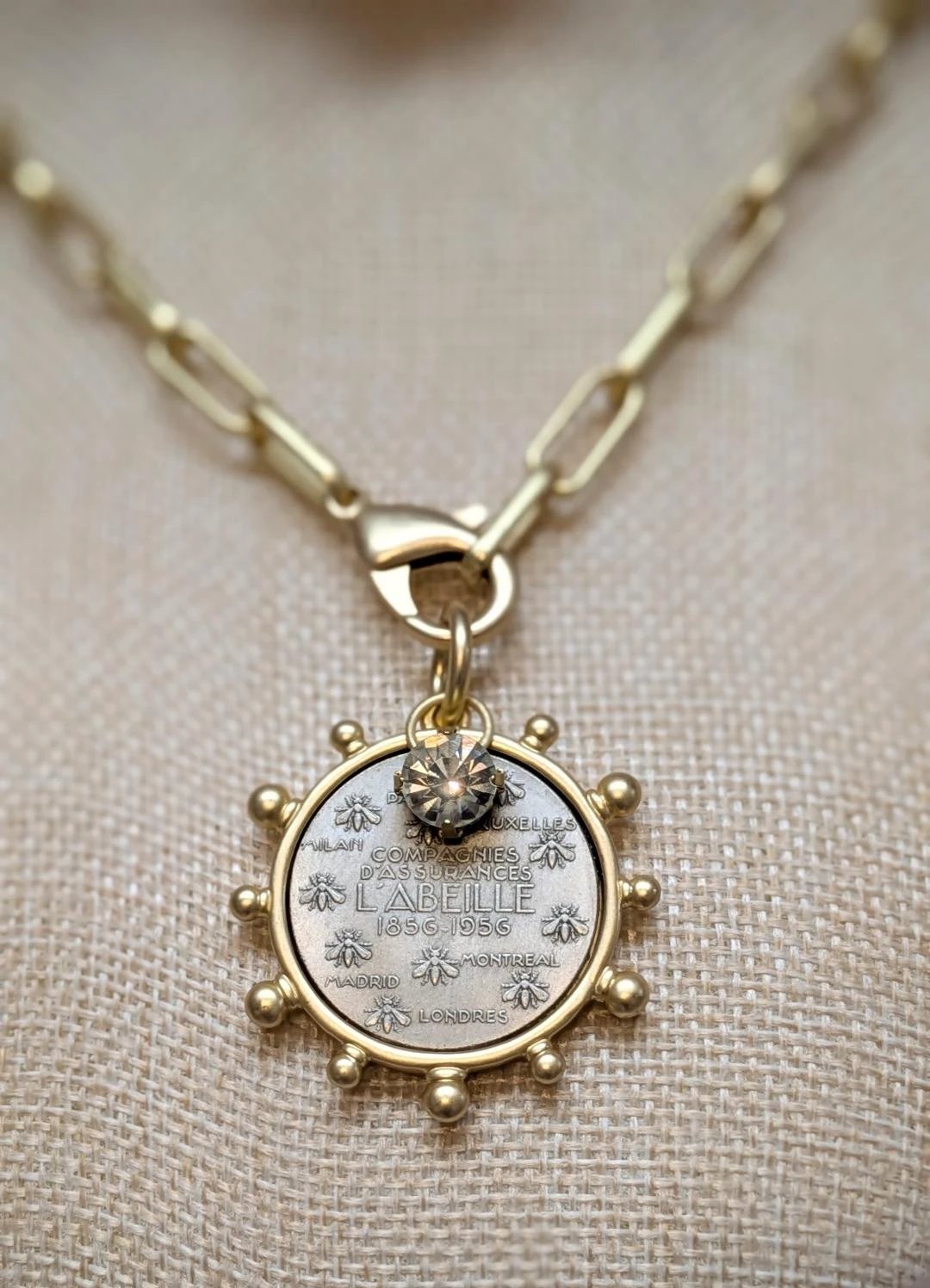 Matte Gold French Bee Coin Medallion Boutique Jewelry VB&amp;CO Designs Handmade Jewelry