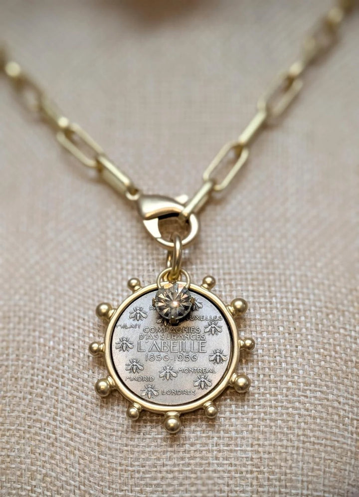 Matte Gold French Bee Coin Medallion Boutique Jewelry VB&amp;CO Designs Handmade Jewelry