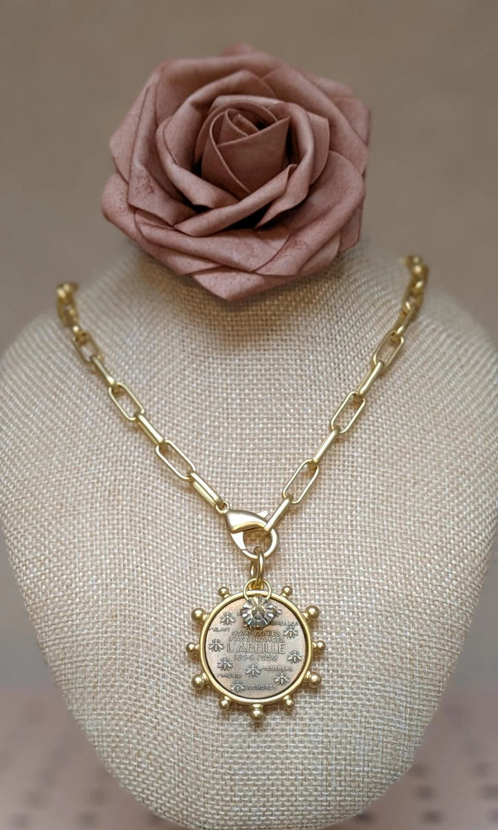 Matte Gold French Bee Coin Medallion Boutique Jewelry VB&amp;CO Designs Handmade Jewelry