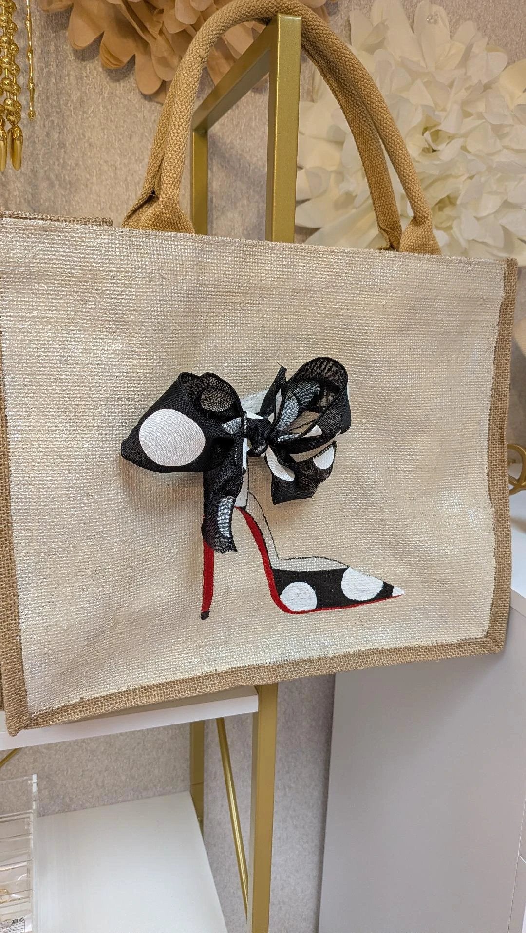 Hand-Painted Burlap Polka Dot Stiletto Tote Bag with beige burlap and black polka-dot bow shoe motif