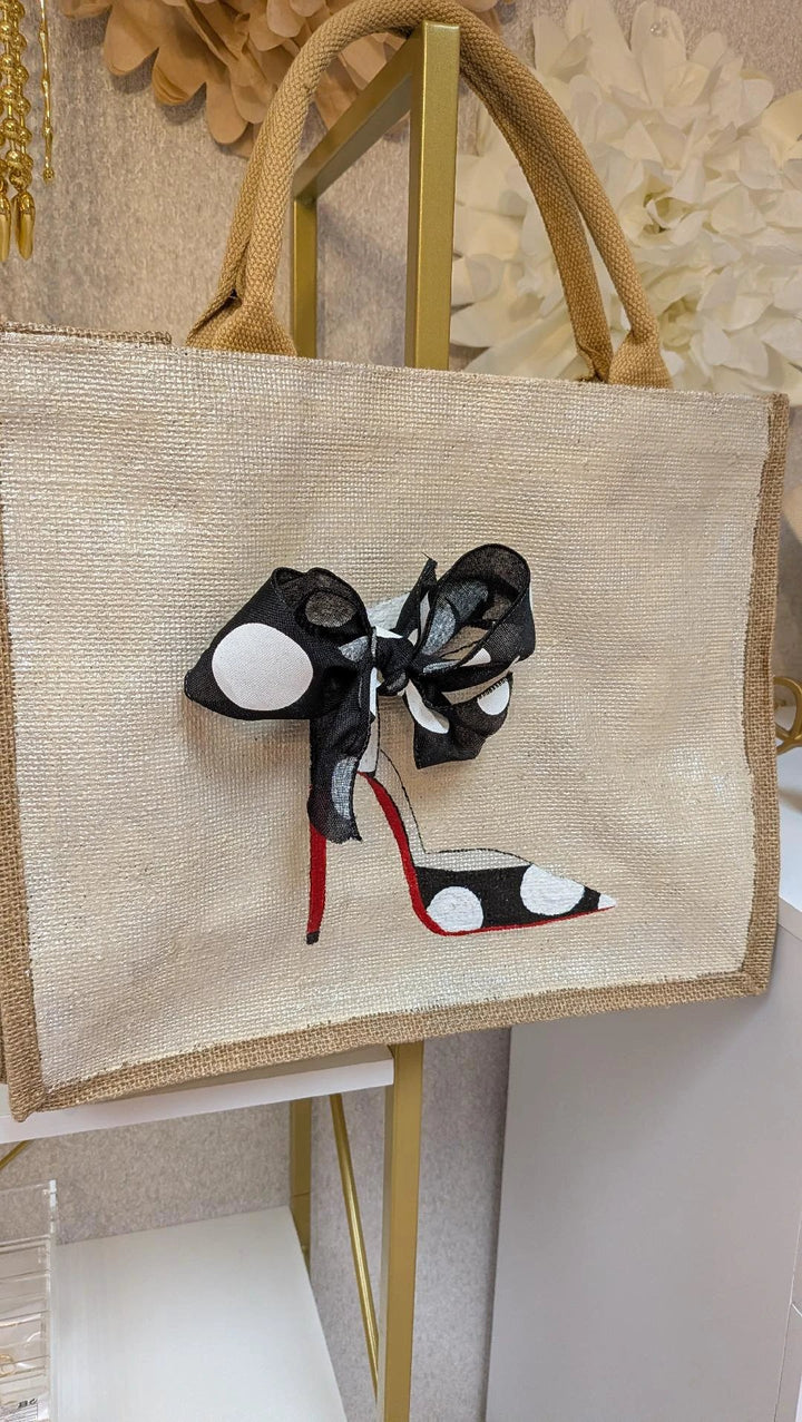 Hand-Painted Burlap Polka Dot Stiletto Tote Bag with beige burlap and black polka-dot bow shoe motif